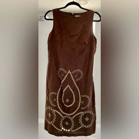 SAAC MIZRAH Brown Eyelet Linen Knee length Dress Size 10 - Picture 13 of 16